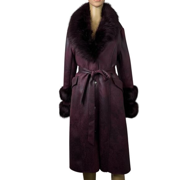 Faux Rabbit Fur Coat Suede Fox Fur Collar Knee Length Size L Burgundy Lined